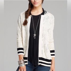 Free People Cream Black Zip Up Lace Crochet Bomber Jacket XS | Color: Beige
